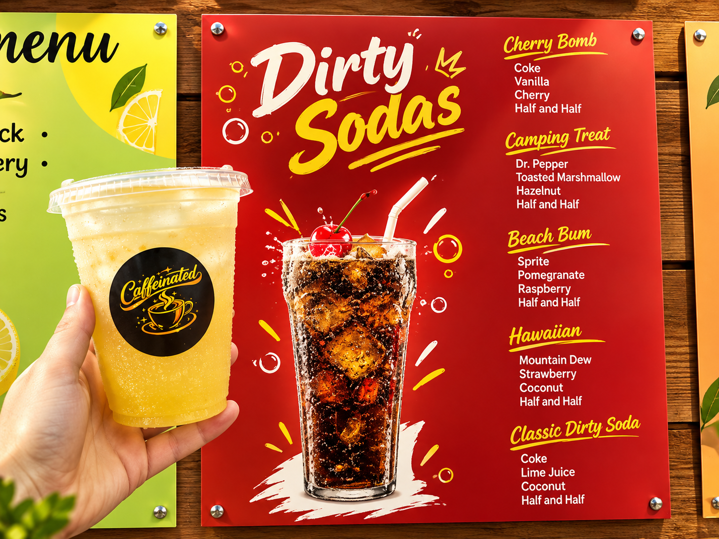 Dirty Sodas menu board at Caffeinated with a lemonade in hand